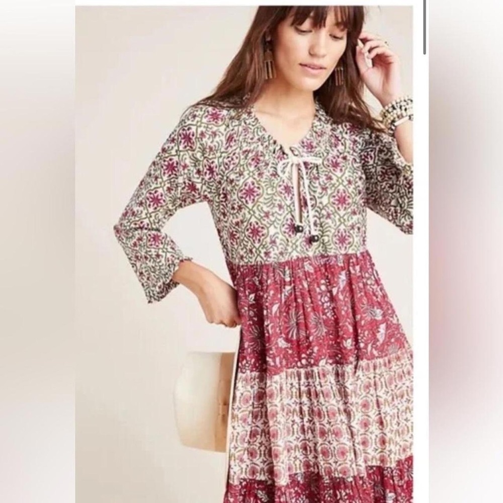 Floral Mixed Print Boho Dress with Tie Neck